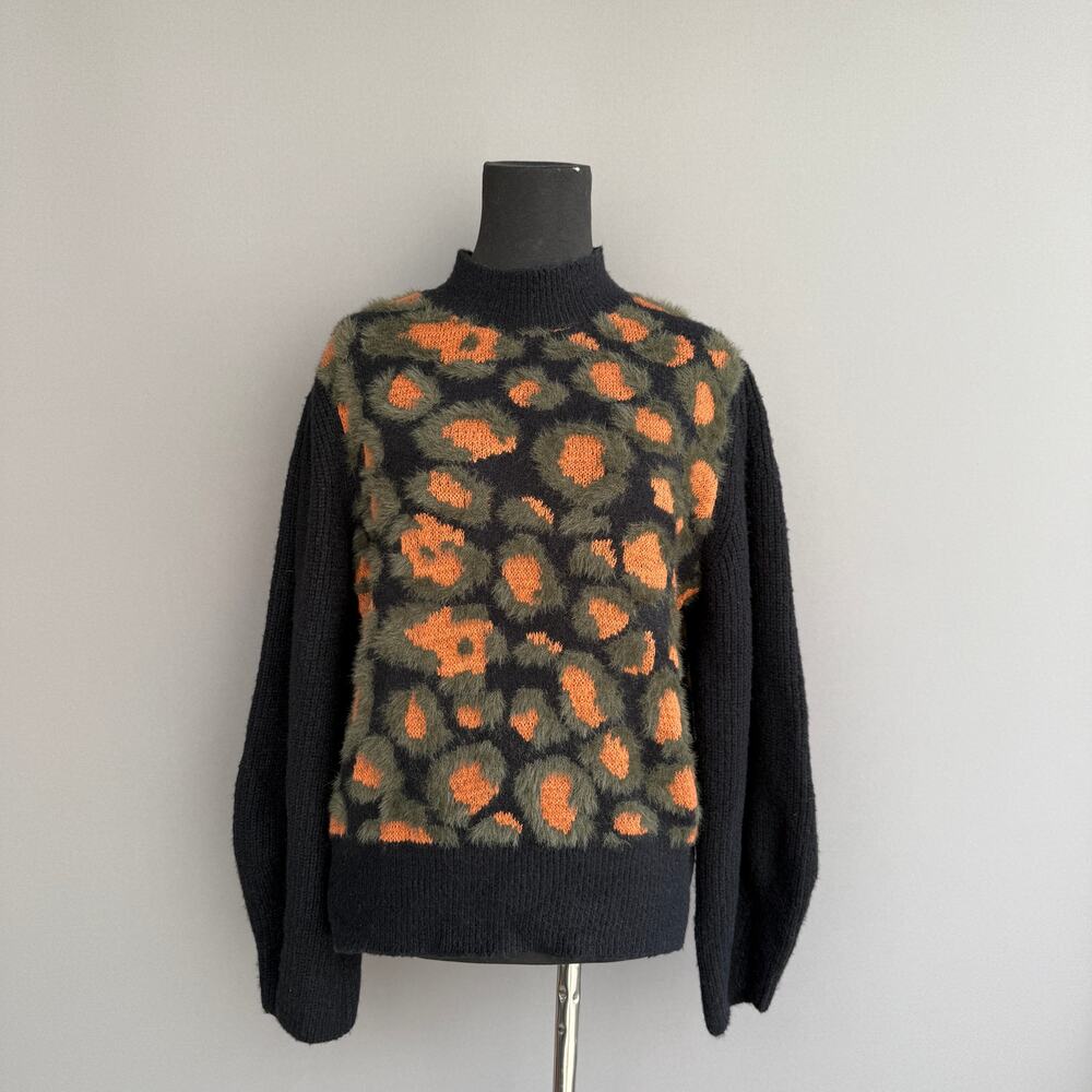 Molly Bracken sweater - leopard - black - puff sleeve - mock neck - size L